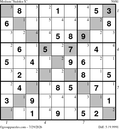 The grouppuzzles.com Medium Sudoku-X puzzle for Wednesday July 29, 2026 with all 5 steps marked