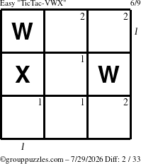 The grouppuzzles.com Easy TicTac-VWX puzzle for Wednesday July 29, 2026, suitable for printing, with all 2 steps marked