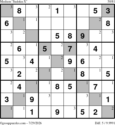 The grouppuzzles.com Medium Sudoku-X puzzle for Wednesday July 29, 2026 with the first 3 steps marked