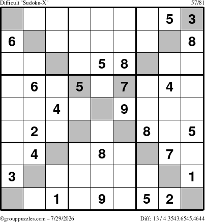 The grouppuzzles.com Difficult Sudoku-X puzzle for Wednesday July 29, 2026