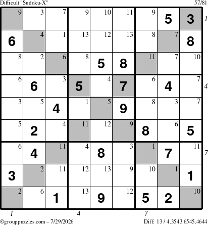 The grouppuzzles.com Difficult Sudoku-X puzzle for Wednesday July 29, 2026, suitable for printing, with all 13 steps marked