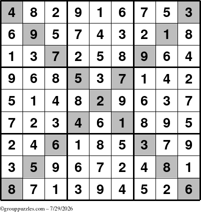 The grouppuzzles.com Answer grid for the Sudoku-X puzzle for Wednesday July 29, 2026