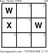The grouppuzzles.com Easy TicTac-VWX puzzle for Wednesday July 29, 2026 with the first 2 steps marked