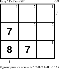 The grouppuzzles.com Easy TicTac-789 puzzle for Thursday February 27, 2025 with all 2 steps marked