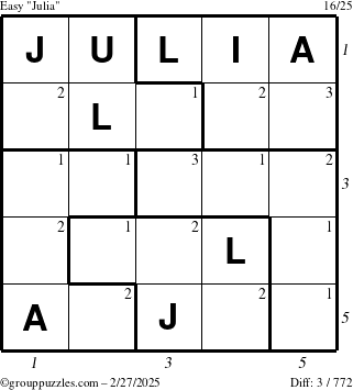 The grouppuzzles.com Easy Julia puzzle for Thursday February 27, 2025 with all 3 steps marked