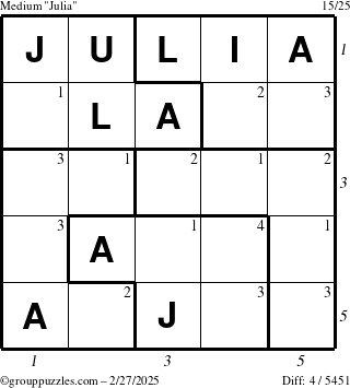 The grouppuzzles.com Medium Julia puzzle for Thursday February 27, 2025 with all 4 steps marked