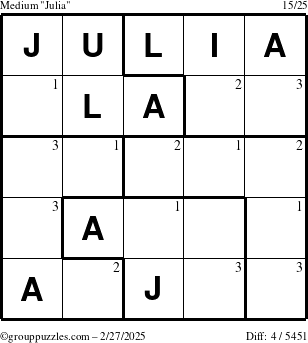 The grouppuzzles.com Medium Julia puzzle for Thursday February 27, 2025 with the first 3 steps marked