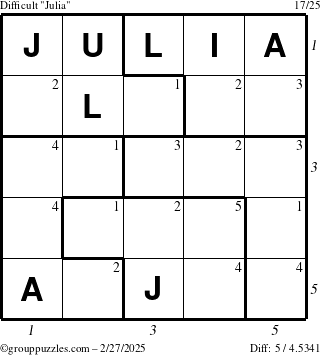 The grouppuzzles.com Difficult Julia puzzle for Thursday February 27, 2025 with all 5 steps marked