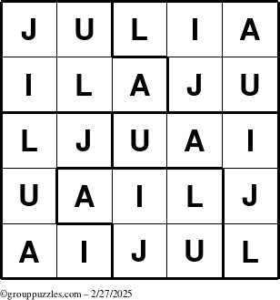 The grouppuzzles.com Answer grid for the Julia puzzle for Thursday February 27, 2025