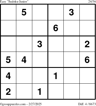 The grouppuzzles.com Easy Sudoku-Junior puzzle for Thursday February 27, 2025