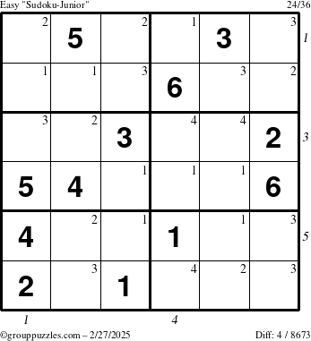 The grouppuzzles.com Easy Sudoku-Junior puzzle for Thursday February 27, 2025 with all 4 steps marked