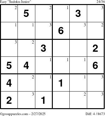 The grouppuzzles.com Easy Sudoku-Junior puzzle for Thursday February 27, 2025 with the first 3 steps marked