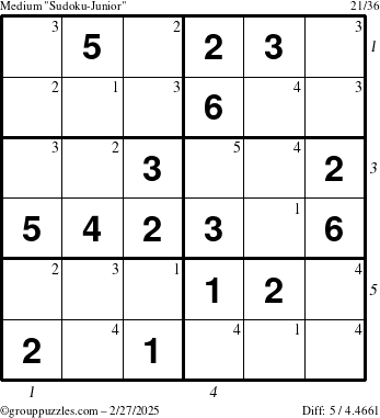 The grouppuzzles.com Medium Sudoku-Junior puzzle for Thursday February 27, 2025 with all 5 steps marked