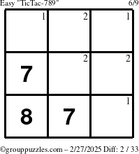 The grouppuzzles.com Easy TicTac-789 puzzle for Thursday February 27, 2025 with the first 2 steps marked