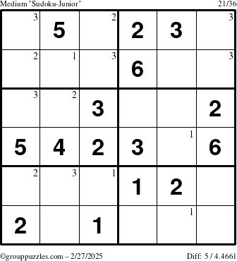 The grouppuzzles.com Medium Sudoku-Junior puzzle for Thursday February 27, 2025 with the first 3 steps marked