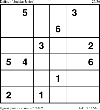 The grouppuzzles.com Difficult Sudoku-Junior puzzle for Thursday February 27, 2025