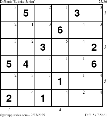 The grouppuzzles.com Difficult Sudoku-Junior puzzle for Thursday February 27, 2025 with all 5 steps marked