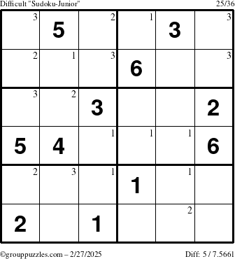 The grouppuzzles.com Difficult Sudoku-Junior puzzle for Thursday February 27, 2025 with the first 3 steps marked