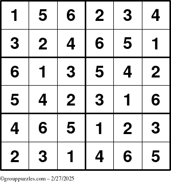 The grouppuzzles.com Answer grid for the Sudoku-Junior puzzle for Thursday February 27, 2025