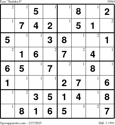 The grouppuzzles.com Easy Sudoku-8 puzzle for Thursday February 27, 2025 with the first 3 steps marked