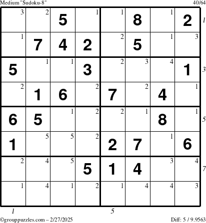 The grouppuzzles.com Medium Sudoku-8 puzzle for Thursday February 27, 2025, suitable for printing, with all 5 steps marked