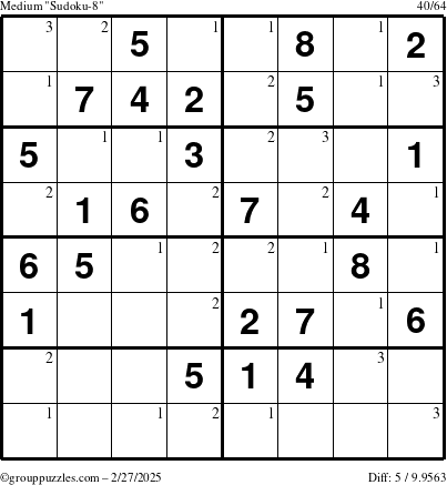 The grouppuzzles.com Medium Sudoku-8 puzzle for Thursday February 27, 2025 with the first 3 steps marked