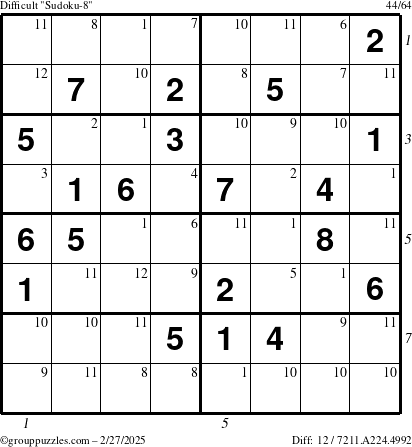 The grouppuzzles.com Difficult Sudoku-8 puzzle for Thursday February 27, 2025 with all 12 steps marked