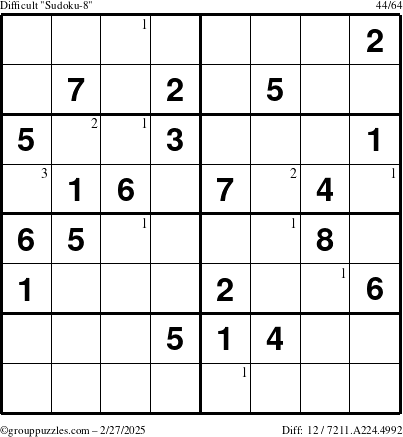 The grouppuzzles.com Difficult Sudoku-8 puzzle for Thursday February 27, 2025 with the first 3 steps marked