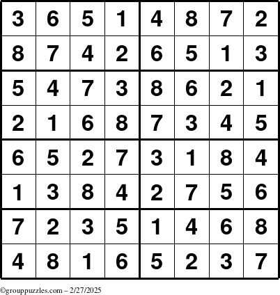 The grouppuzzles.com Answer grid for the Sudoku-8 puzzle for Thursday February 27, 2025