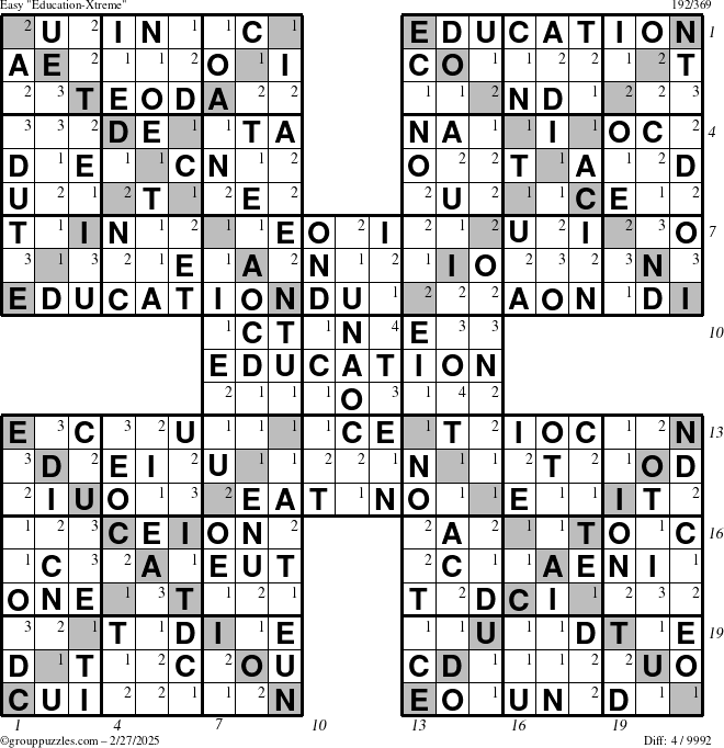 The grouppuzzles.com Easy Education-Xtreme puzzle for Thursday February 27, 2025 with all 4 steps marked