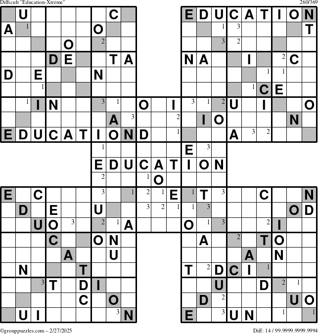 The grouppuzzles.com Difficult Education-Xtreme puzzle for Thursday February 27, 2025 with the first 3 steps marked