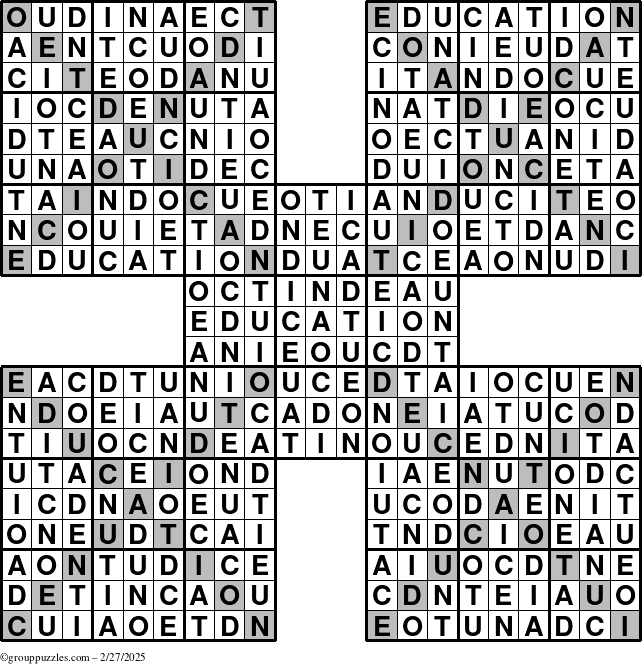 The grouppuzzles.com Answer grid for the Education-Xtreme puzzle for Thursday February 27, 2025