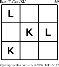 The grouppuzzles.com Easy TicTac-JKL puzzle for Sunday February 1, 2026
