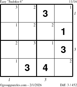 The grouppuzzles.com Easy Sudoku-4 puzzle for Sunday February 1, 2026, suitable for printing, with all 3 steps marked