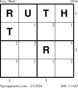 The grouppuzzles.com Easy Ruth puzzle for Sunday February 1, 2026, suitable for printing, with all 3 steps marked