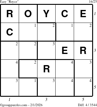 The grouppuzzles.com Easy Royce puzzle for Sunday February 1, 2026 with all 4 steps marked