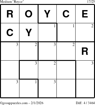 The grouppuzzles.com Medium Royce puzzle for Sunday February 1, 2026 with the first 3 steps marked