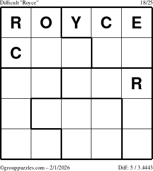 The grouppuzzles.com Difficult Royce puzzle for Sunday February 1, 2026