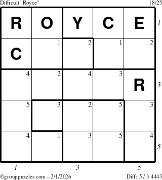 The grouppuzzles.com Difficult Royce puzzle for Sunday February 1, 2026, suitable for printing, with all 5 steps marked