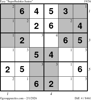 The grouppuzzles.com Easy SuperSudoku-Junior puzzle for Sunday February 1, 2026, suitable for printing, with all 4 steps marked