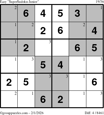 The grouppuzzles.com Easy SuperSudoku-Junior puzzle for Sunday February 1, 2026 with the first 3 steps marked
