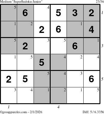 The grouppuzzles.com Medium SuperSudoku-Junior puzzle for Sunday February 1, 2026 with all 5 steps marked