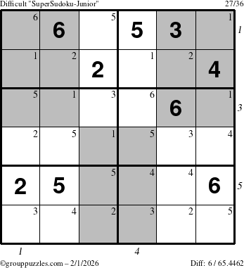 The grouppuzzles.com Difficult SuperSudoku-Junior puzzle for Sunday February 1, 2026, suitable for printing, with all 6 steps marked