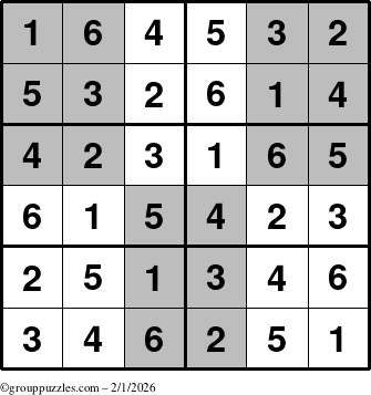 The grouppuzzles.com Answer grid for the SuperSudoku-Junior puzzle for Sunday February 1, 2026