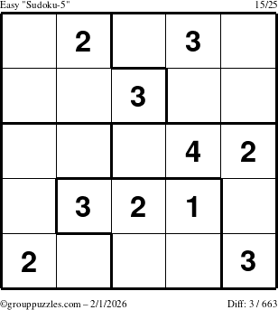 The grouppuzzles.com Easy Sudoku-5 puzzle for Sunday February 1, 2026