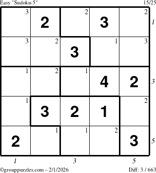 The grouppuzzles.com Easy Sudoku-5 puzzle for Sunday February 1, 2026, suitable for printing, with all 3 steps marked