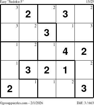 The grouppuzzles.com Easy Sudoku-5 puzzle for Sunday February 1, 2026 with the first 3 steps marked