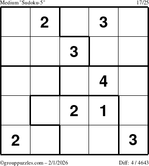 The grouppuzzles.com Medium Sudoku-5 puzzle for Sunday February 1, 2026