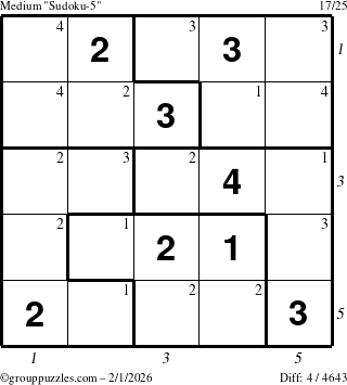 The grouppuzzles.com Medium Sudoku-5 puzzle for Sunday February 1, 2026, suitable for printing, with all 4 steps marked