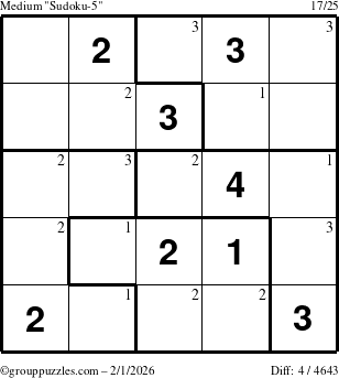 The grouppuzzles.com Medium Sudoku-5 puzzle for Sunday February 1, 2026 with the first 3 steps marked